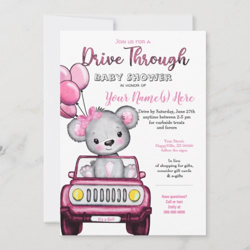 Girl Drive Through Baby Shower Teddy Bear Invitation