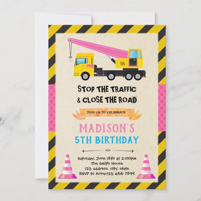 Girl dump truck birthday invitation (Front)
