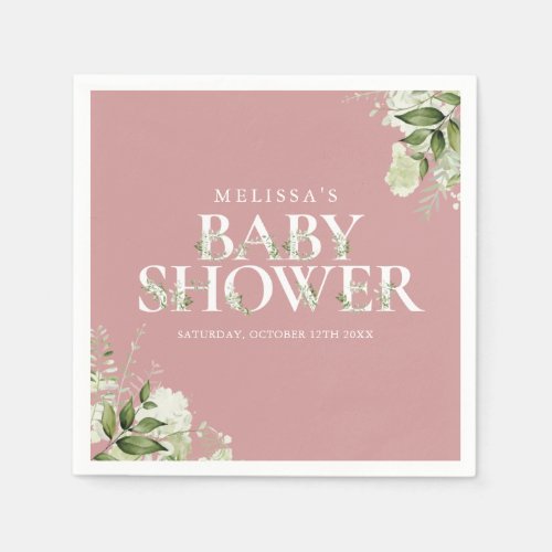Girl Dusty Rose Greenery Foliage Baby Shower Napkins