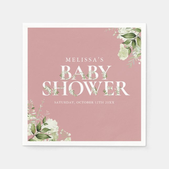 Girl Dusty Rose Greenery Foliage Baby Shower Napkins (Front)
