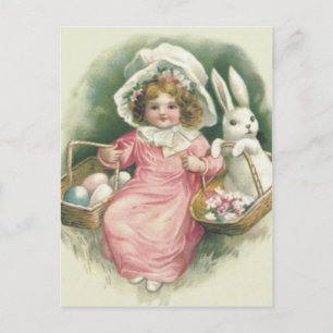 Girl Easter Basket Bunny Colored Eggs Holiday Postcard