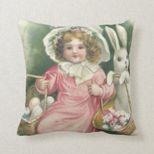 Girl Easter Basket Bunny Colored Eggs Throw Pillow