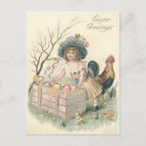 Girl Easter Chick Rooster Colored Egg Holiday Postcard