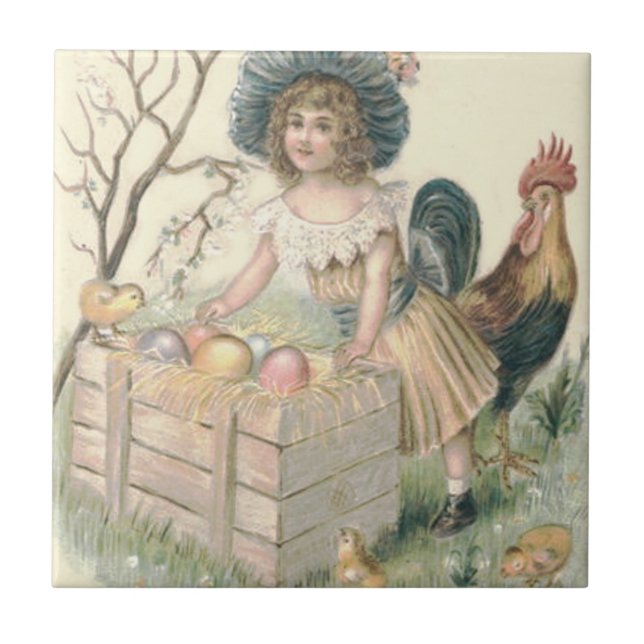 Girl Easter Chick Rooster Colored Egg Tile (Front)