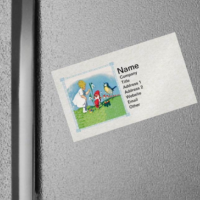 Girl Easter Lilly Gnome Elves Singing Bird Basket Magnetic Business Card (Little girl, gnomes red hats, bird,  flowers, easter eggs in fancy frame on magnetic business cards.)