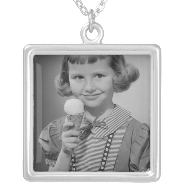 Girl Eating Ice Cream Silver Plated Necklace (Front)