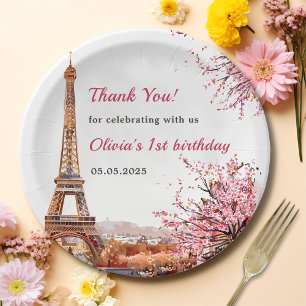 Girl Eiffel Tower Paris 1st Birthday Paper Plates