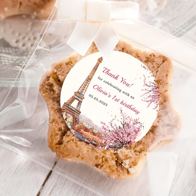 Girl Eiffel Tower Paris 1st Birthday Party  Classic Round Sticker (Creator Uploaded)