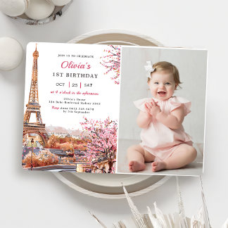 Girl Eiffel Tower Paris 1st Birthday Photo  Invitation