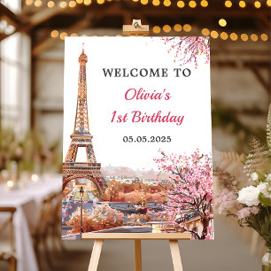 Girl Eiffel Tower Paris 1st Birthday Welcome Sign