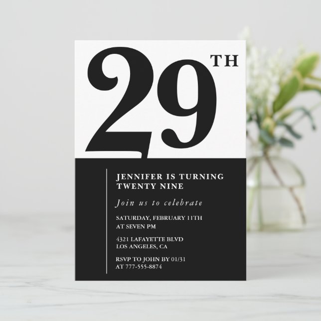 Girl Elegant 29th birthday invitation Black White  (Standing Front)