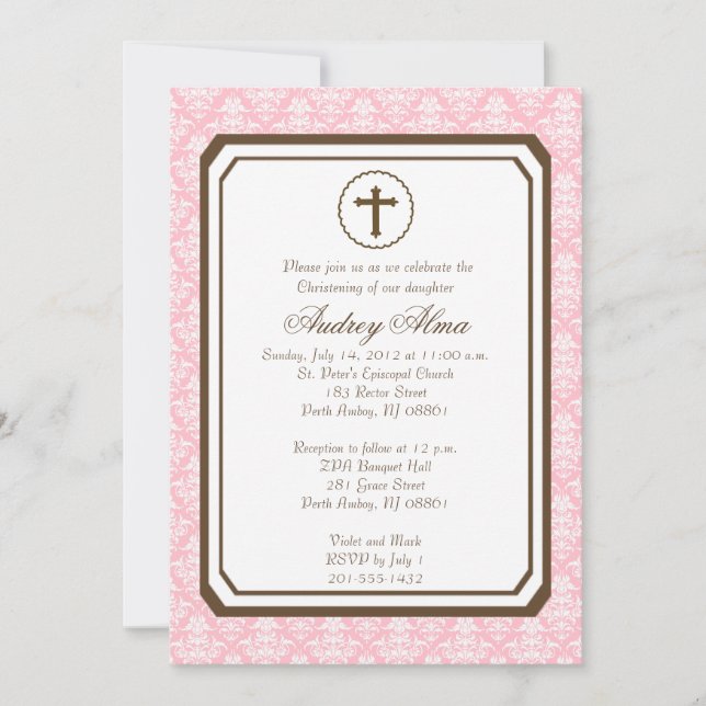 Girl Elegant Christening Invitation - Pink (Front)