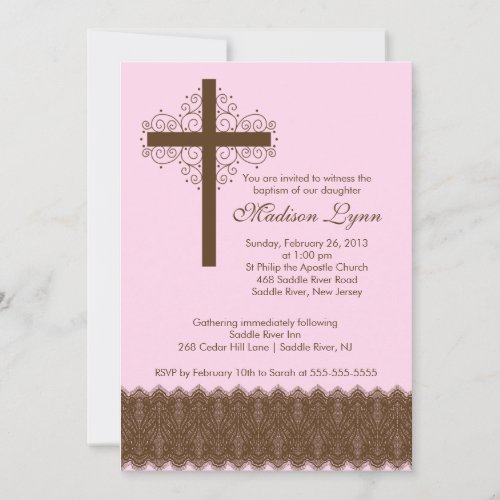 Girl Elegant Lace  Baptism | Christening Cross Invitations