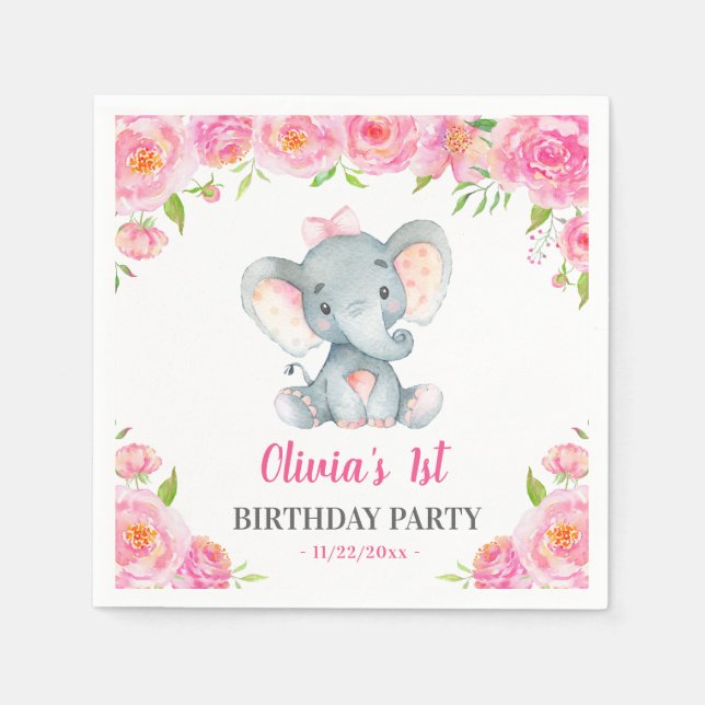 Girl Elephant 1st 2nd Birthday Party Little Peanut Napkins (Front)