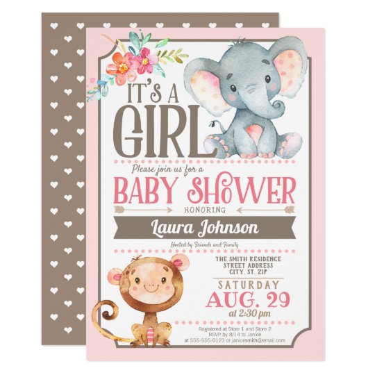 Girl Elephant And Monkey Baby Shower Invitation Zazzle Com