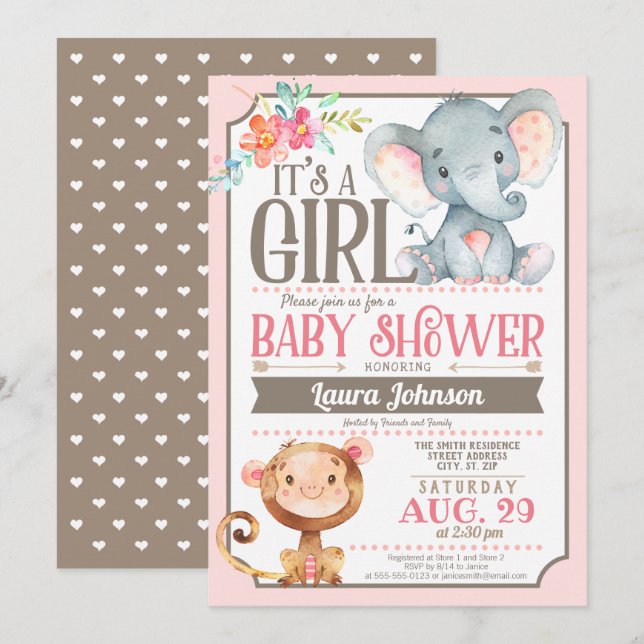 Girl Elephant and Monkey Baby Shower Invitation (Front/Back)