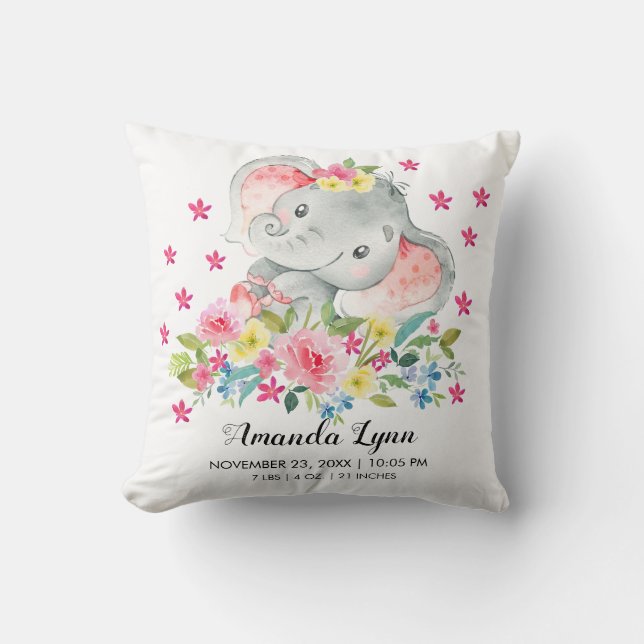 GIRL Elephant Baby Birth Stats Pillow (Front)