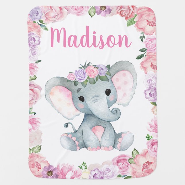 Girl Elephant Baby Blanket Pink Purple Floral Name (Front)
