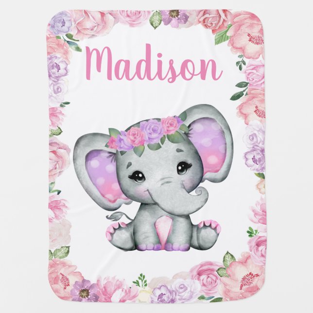 Girl Elephant Baby Blanket Pink Purple Floral Name (Front)
