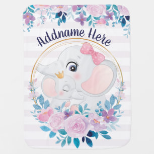 Girl Elephant Baby Blankets Pink Floral Name