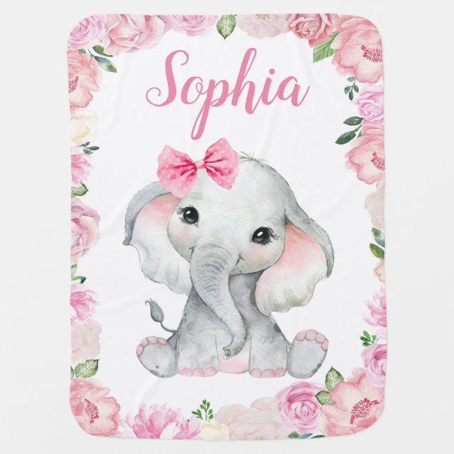 Girl Elephant Baby Blankets Pink Floral Name (Front)