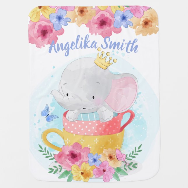 Girl Elephant Baby Blankets Pink Floral Name (Front)