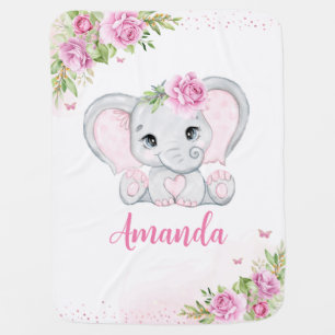 Girl Elephant Baby Blankets Pink Floral Name