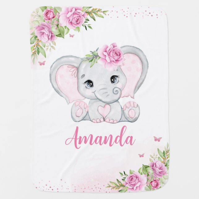 Girl Elephant Baby Blankets Pink Floral Name (Front)