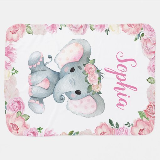 Girl Elephant Baby Blankets Pink Floral Name Zazzle