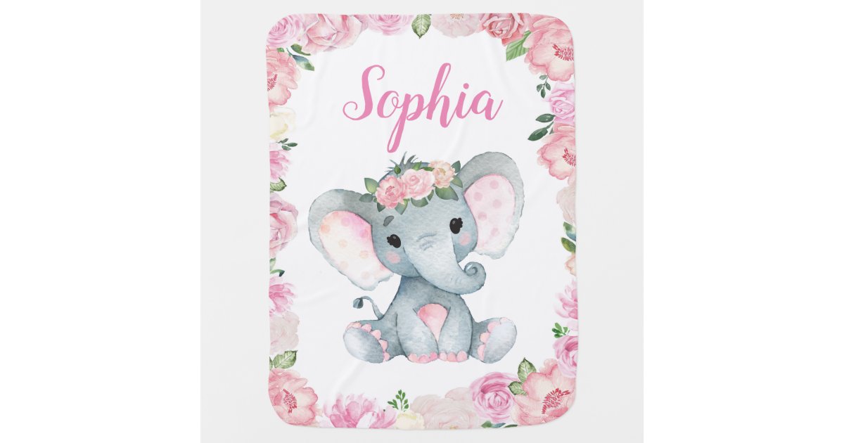 Girl Elephant Baby Blankets Pink Floral Name | Zazzle
