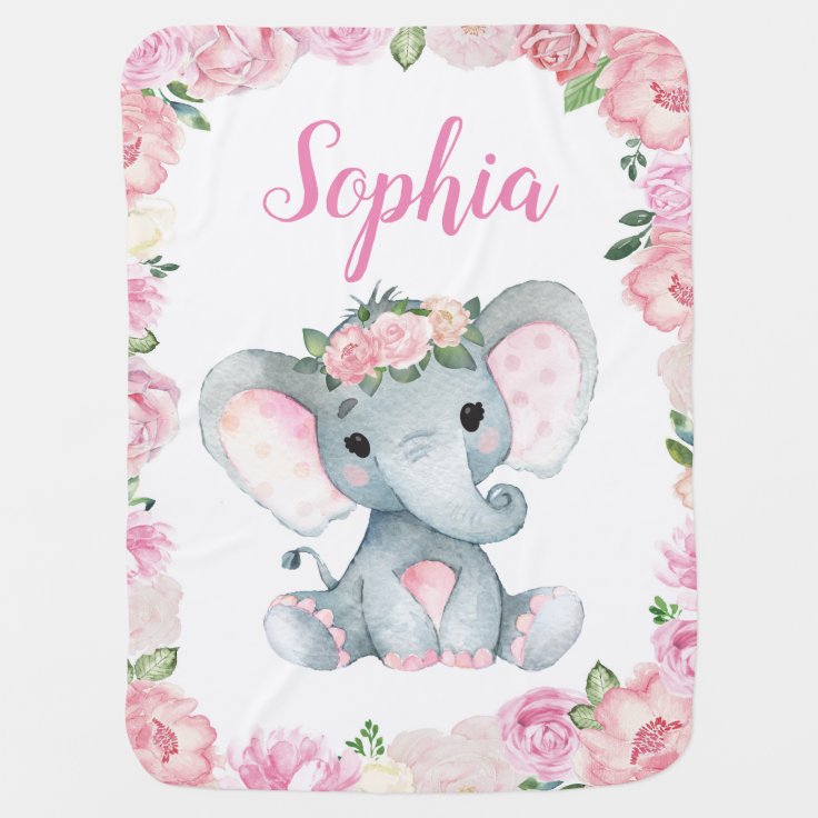 Girl Elephant Baby Blankets Pink Floral Name | Zazzle