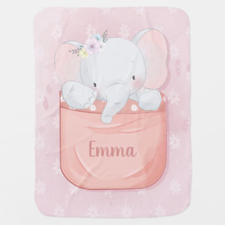 Girl Elephant Baby Blankets Pink Floral Name