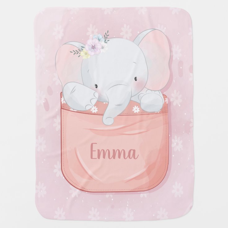 Girl Elephant Baby Blankets Pink Floral Name Zazzle