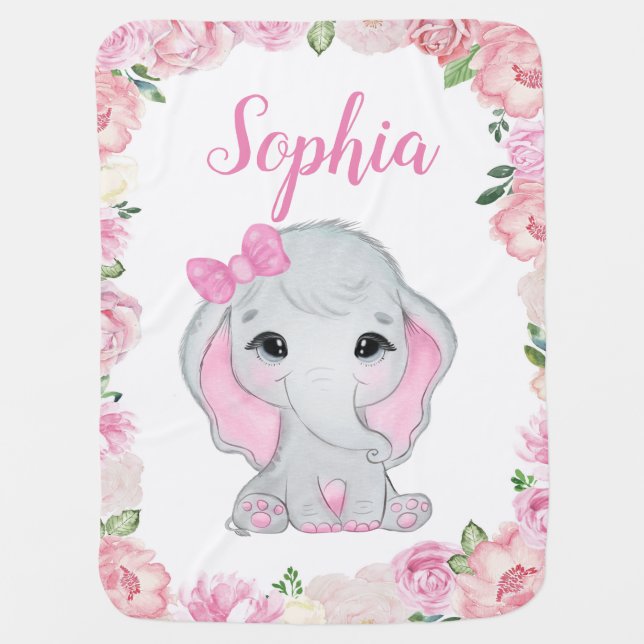Girl Elephant Baby Blankets Pink Floral Name (Front)