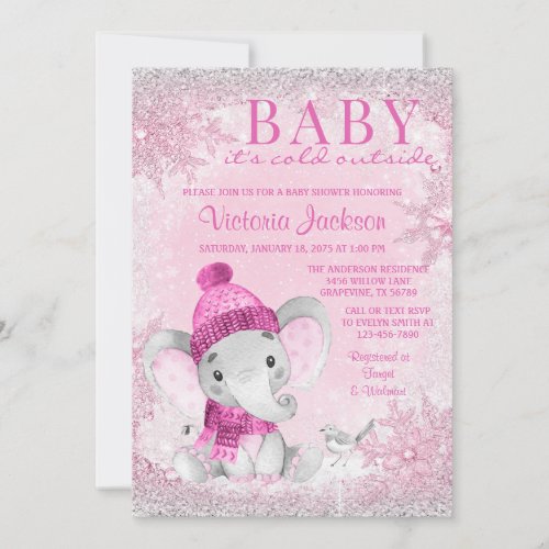 Girl Elephant Baby its Cold Outside Baby Shower In Invitation