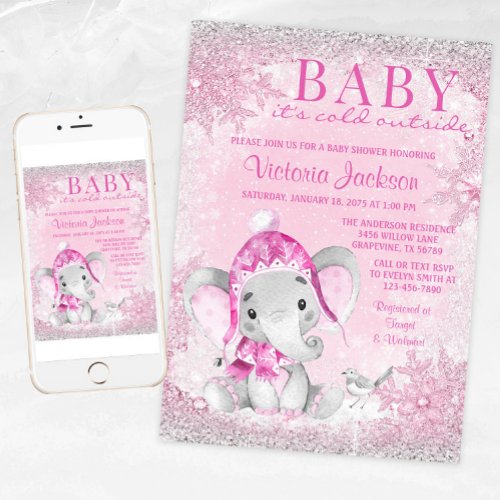 Girl Elephant Baby its Cold Outside Baby Shower  Invitation