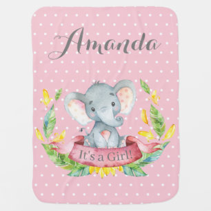 Girl Elephant Baby Pink and Gray Baby Blanket