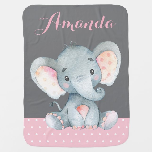 Girl Elephant Baby Pink and Gray Baby Blanket (Front)