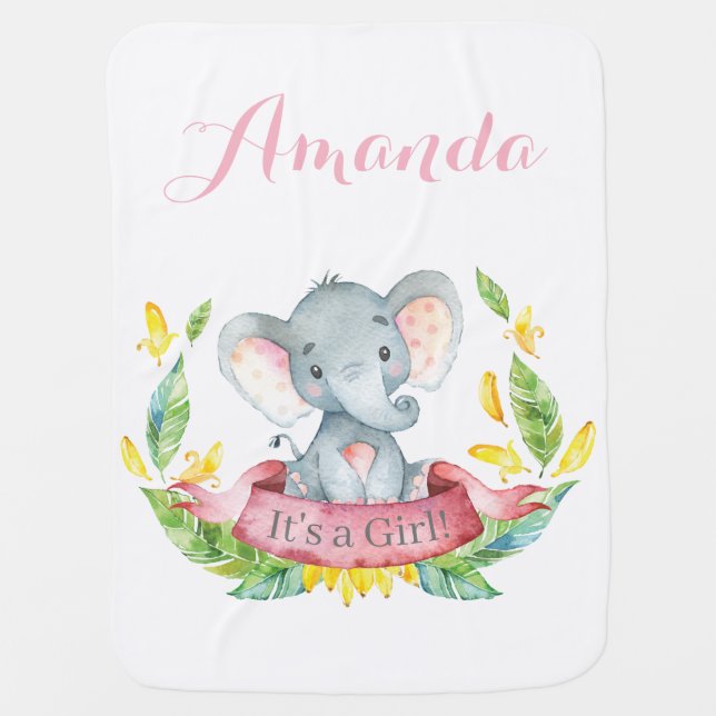 Girl Elephant Baby Pink Baby Blanket (Front)