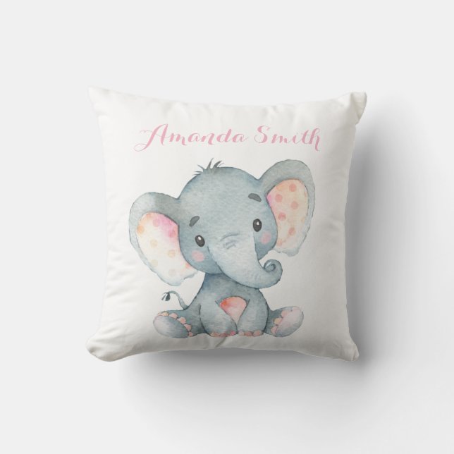 Girl Elephant Baby Pink Throw Pillow (Front)