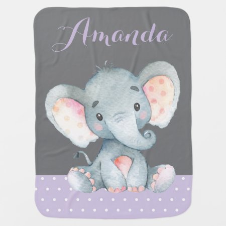 Girl Elephant Baby Purple And Gray Baby Blanket