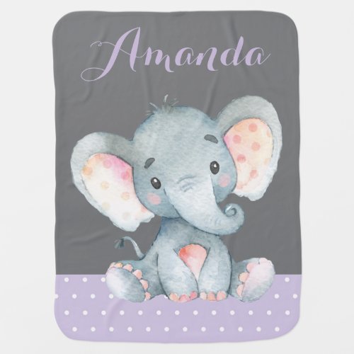 Girl Elephant Baby Purple and Gray Baby Blanket