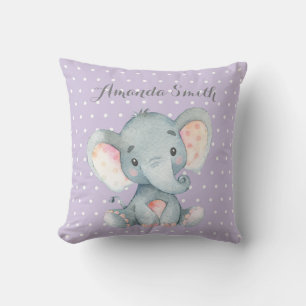 Girl Elephant Baby Purple and Gray Throw Pillow