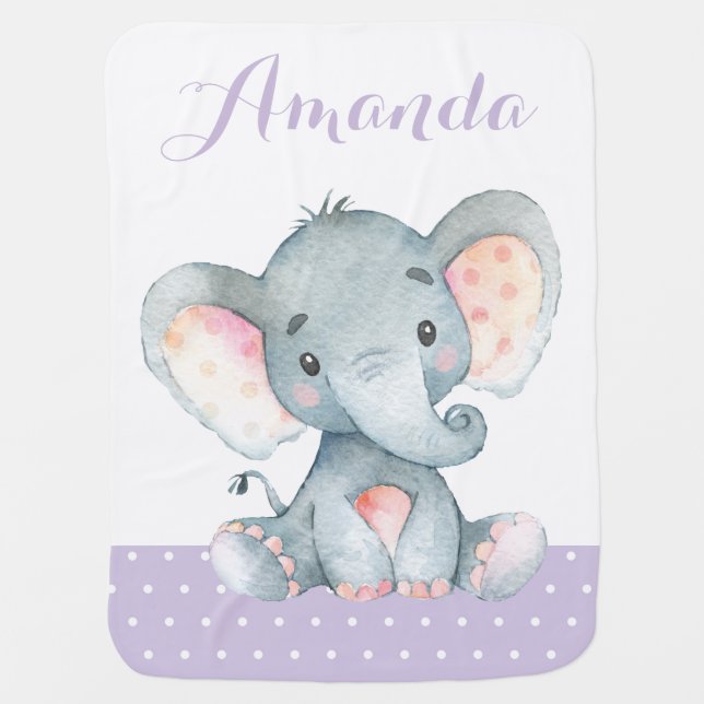 Girl Elephant Baby Purple Baby Blanket (Front)
