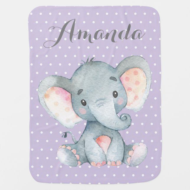 Girl Elephant Baby Purple Baby Blanket (Front)