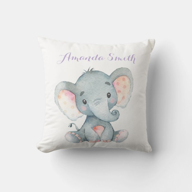 Girl Elephant Baby Purple Throw Pillow (Front)