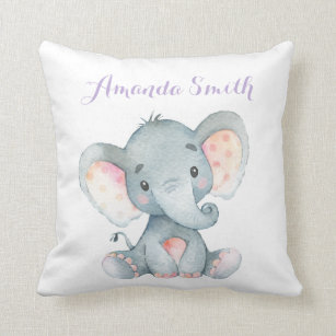 Girl Elephant Baby Purple Throw Pillow