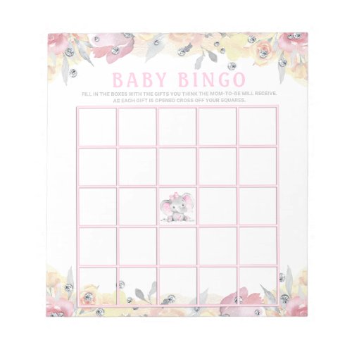 Girl Elephant Baby Shower Bingo Game Cards Notepad