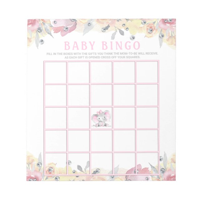 Girl Elephant Baby Shower Bingo Game Cards Notepad (Front)