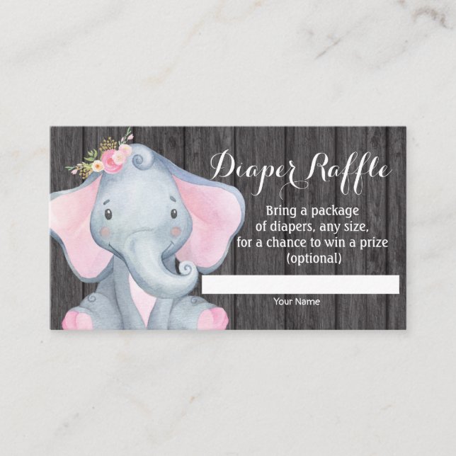 Girl Elephant Baby Shower Diaper Raffle Card (Front)